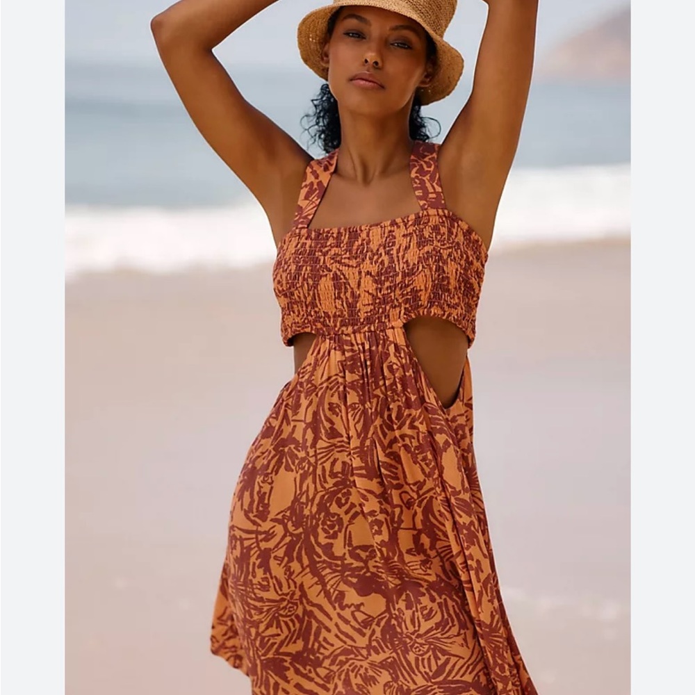 Anthropologie Orange Piper Bandeau Smocked mini dress size medium